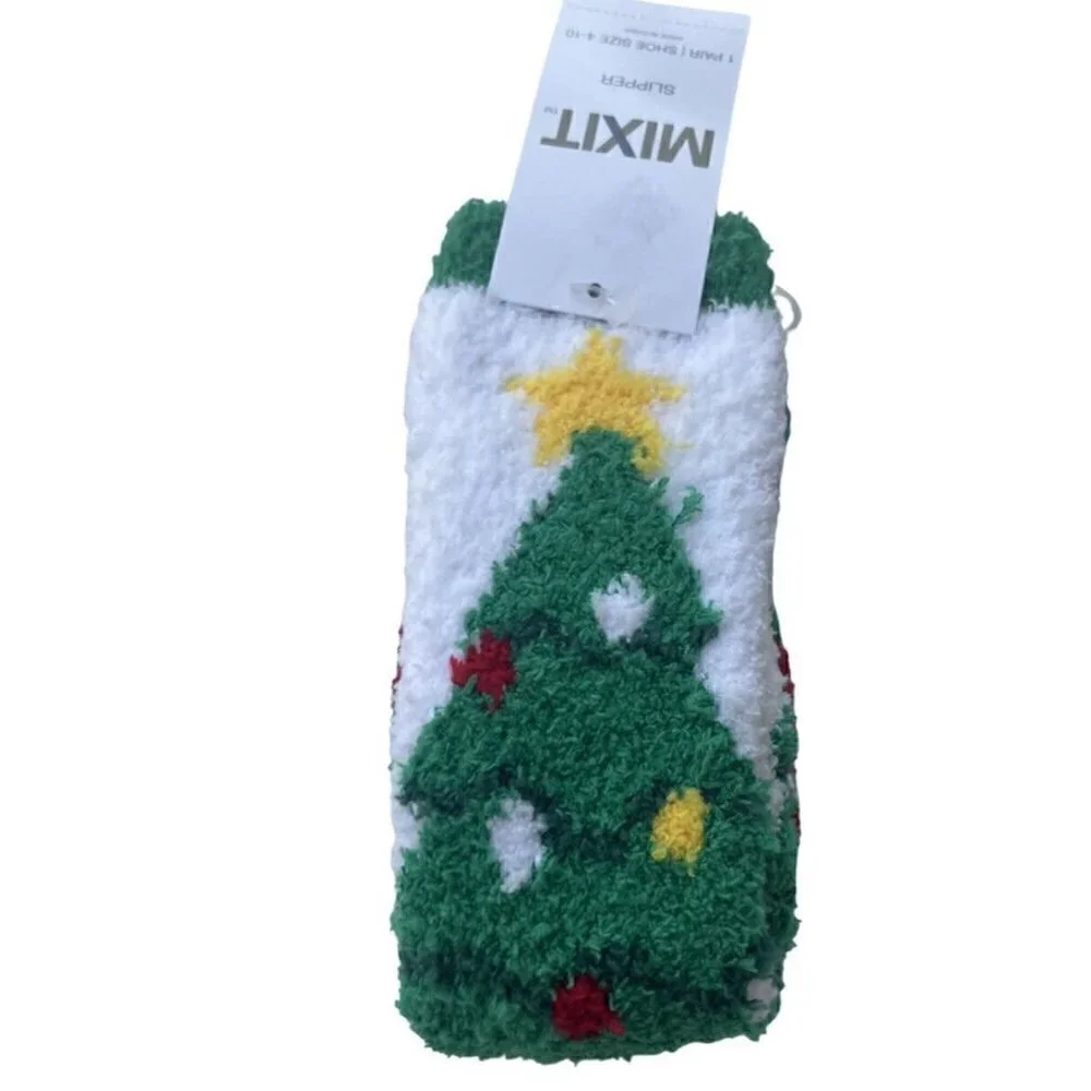 MIXIT 1 Pair Christmas Tree Cozy Fleece Non-Slip Slipper Socks Fits Shoe 4-10